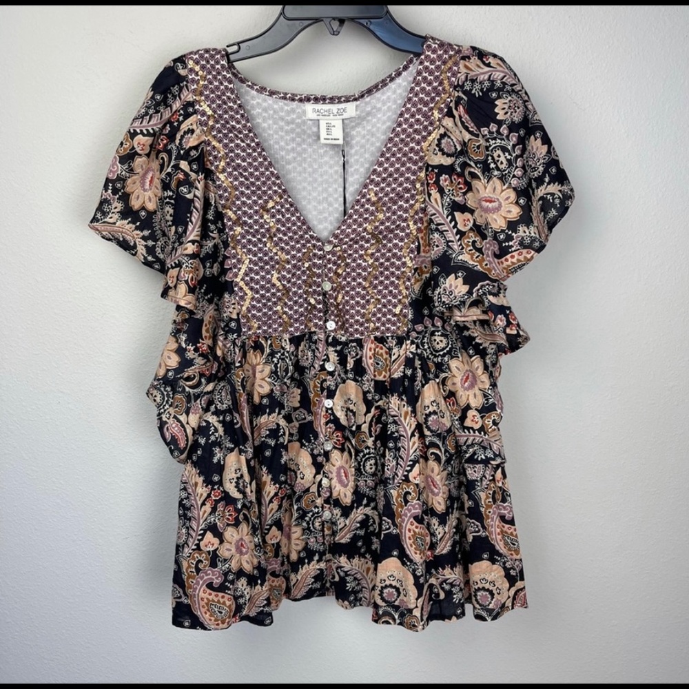NWT Rachel Zoe Boho Ruffle Sleeve V-Neck Blouse L